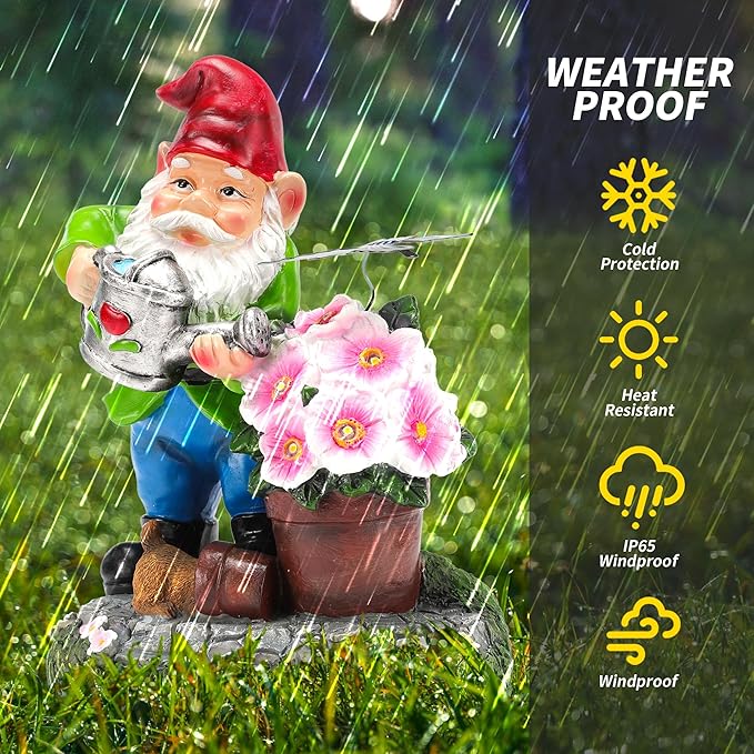 Gnome Figurine Garden Decor, Solar Resin Gnomes Outdoor Statue, Funny Gnome Gift Sculpture Decoration for Home Patio Yard Lawn Porch Ornament