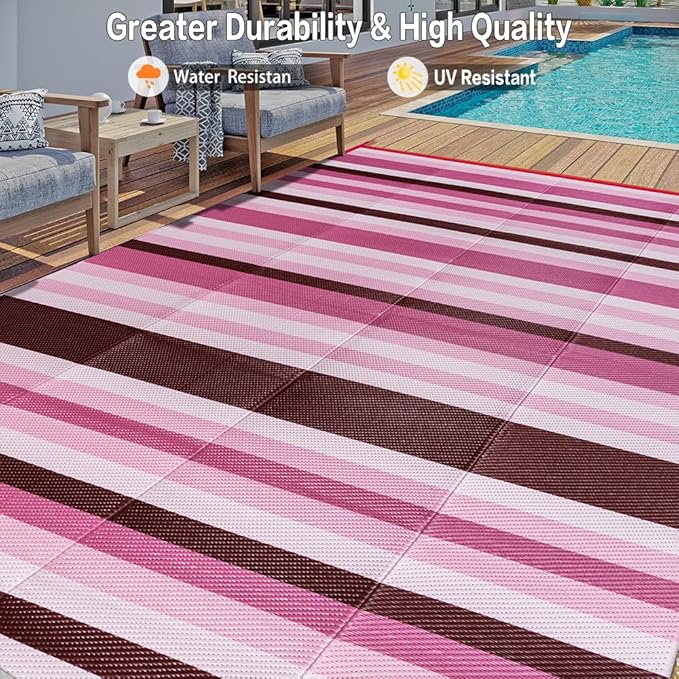 Outdoor Waterproof Rug 6'x9' Plastic Straw Rugs Washable Reversible Floor Mat Pink Stripe Carpet for Camping RV Deck Entryance Porch Picnic Balcony Beach Backyard