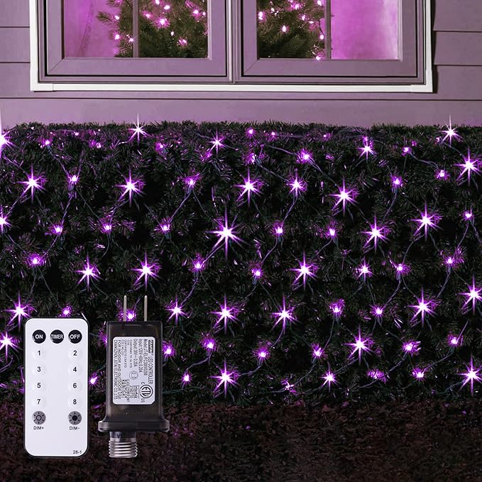Purple Christmas Net Lights Outdoor - 360 LED Net Lights Waterproof with Remote, 12x5 ft Extendable 8 Modes Christmas Net Lights with Green Wire for Bushes Lawn Garden Shrubs Tree Backyard Decorations