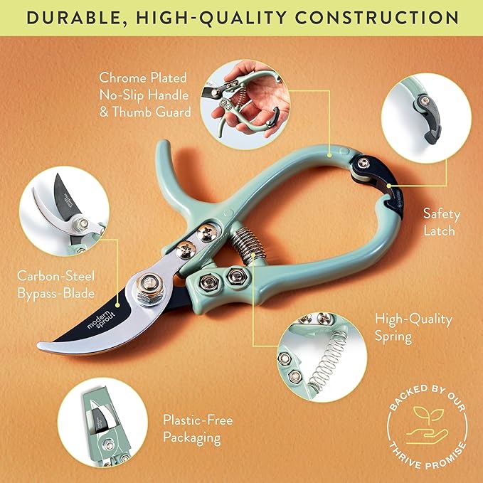 Modern Sprout Hand Pruners - Lightweight Pruning Shears W/Easy Lock- Gardening Scissors - Bypass Sharp Carbon Steel Blade - Rust Resistant - Garden Tools - Reusable Holster - Lavender