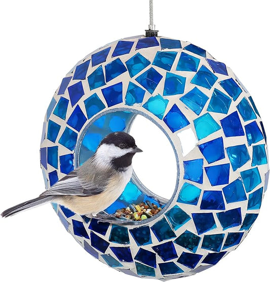 Sunnydaze 6-Inch Glass Mosaic Hanging Bird Feeder for Outdoors - Fly-Through Wild Bird Feeder - Blue Mosaic