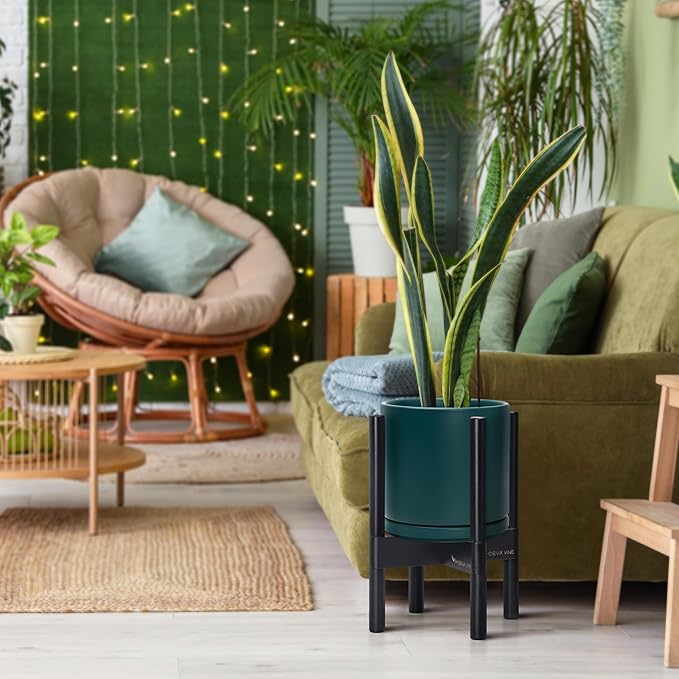 D'vine Dev Ceramic Planter with Ebony Stand - 10 Inch Modern Round Flower Pot with Wood Planter Holder, Teal, 55-B-L-4