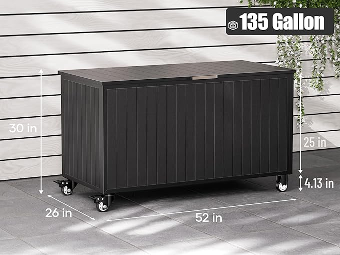 Outdoor Storage Box with Wheels 135 Gallon, Mobile Waterproof Aluminum Deck Box, UV Resistant Patio Storage Box with Lid for Patio Furniture, Garden Tools (Black)