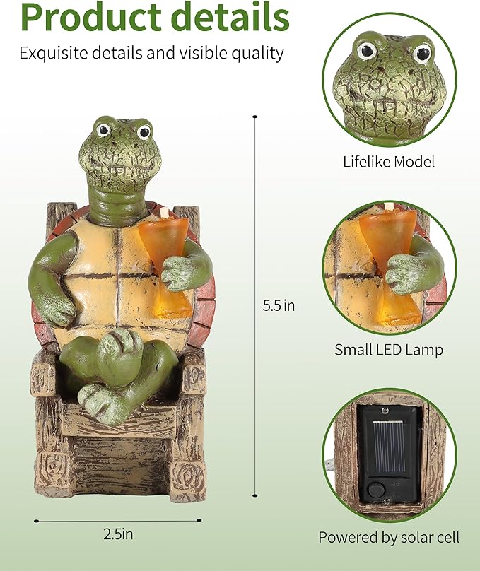 iStatue Solar-Powered Turtle Figurine Light with Glowing Cup - 5.5 in Lifelike LED Decorative Lamp for Outdoor Ambiance - Patio Table, Yard & Garden Decor (Turtle)