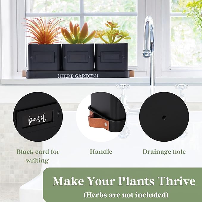 PERFNIQUE Indoor Herb Garden, Herb Garden Planter Set with Tray, Farmhouse Indoor Plant Pots, Windowsill Herb Garden with Drainage(Planter only) for Indoor/Outdoor, Window Pots(Matte Black)