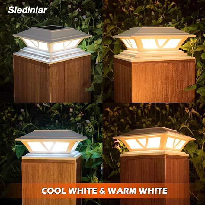 SIEDiNLAR Solar Post Lights Outdoor 2 Modes LED Deck Fence Cap Light for 4x4 5x5 6x6 Posts Patio Garden Decoration Warm White/Cool White Lighting White (1 Pack)