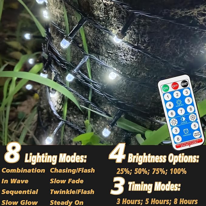 Solar String Lights Outdoor,115 Ft 300 LED Solar Christmas Lights with Remote,8 Modes Waterproof Patio Lights for Christmas Tree Patio Yard Garden Party Decor (White)