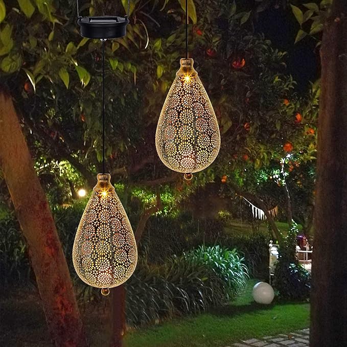 MAGGIFT 2 Pack Solar Hanging Lights, Solar Powered Decorative Retro Lantern with Handle, Warm White LED Christmas Garden Boho Flower Lights, Metal Drop Shape Waterproof Outdoor Yard Tree Fence Patio