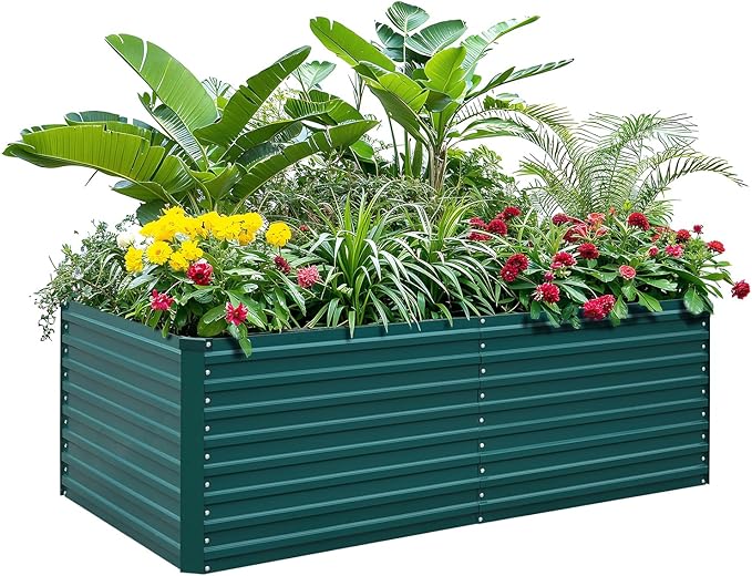 Raised Garden Bed Kit-6x3x2ft-Galvanized Steel-Ideal for Vegetables, Flowers, Herbs-Large Deep Root Planter Box-Tall Design-Includes 3ft x 30ft Weed Barrier Fabric and 1 Pair of Gloves-Green