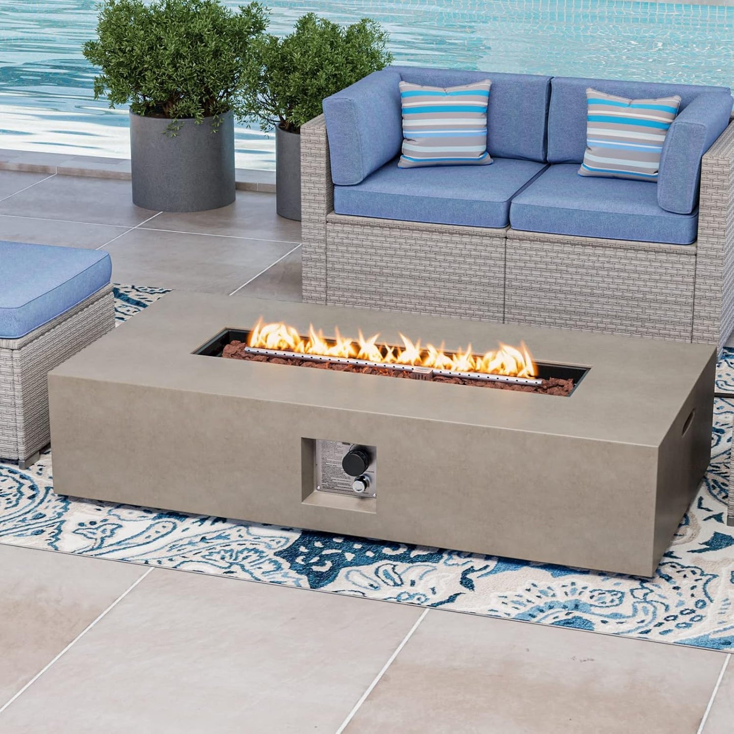 COSIEST 56-inch x 28-inch Outdoor Propane Fire Pit Coffee Table w Concrete Rectangle Base, CSA Certified, 50,000 BTU, Free Lava Rocks and RainCover, Fits 20lb Tank Outside(Gray)