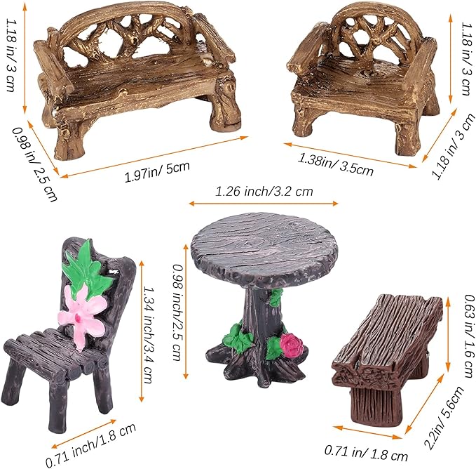 Skylety 12 Pieces Garden Furniture Ornaments Miniature Table and Chairs Set Village Micro Resin Bench Chair for Dollhouse Accessories Home Micro Landscape (Cute Style)