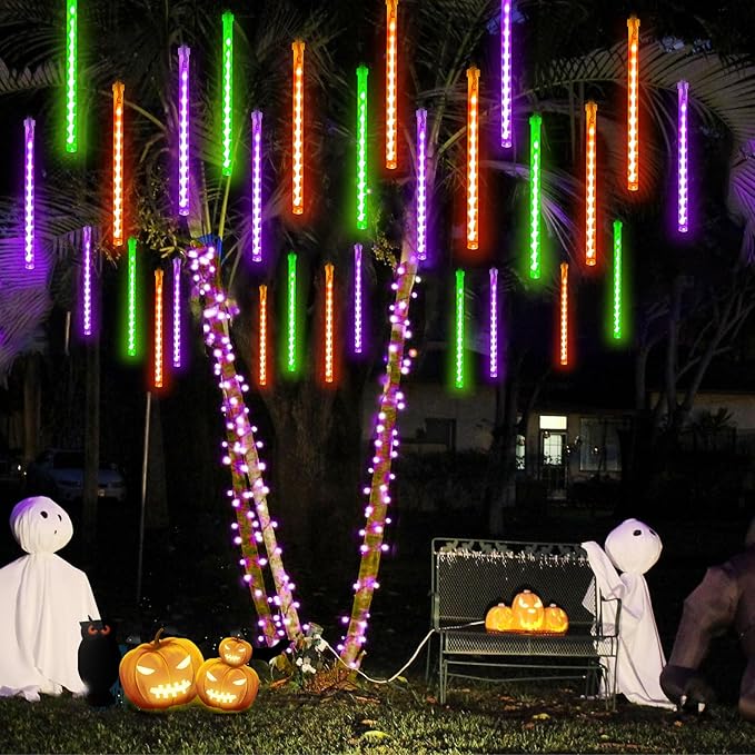 Outdoor Halloween Lights, 2-Pack Meteor Shower Lights Outdoor Waterproof, Total 432 LED 18 Tubes Snow Cascading String Lights Plug in for Party Garden Halloween Decorations (Orange Purple and Green)