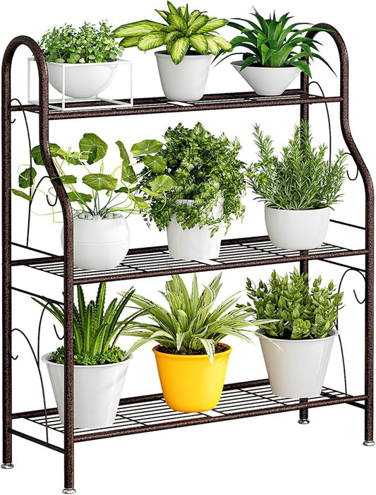 SORCEDAS Plant Stand Indoor Outdoor Plant Shelf 3 Tier Metal Corner Flower Stand Multiple Holder for Patio Garden Balcony Living Room, Bronze