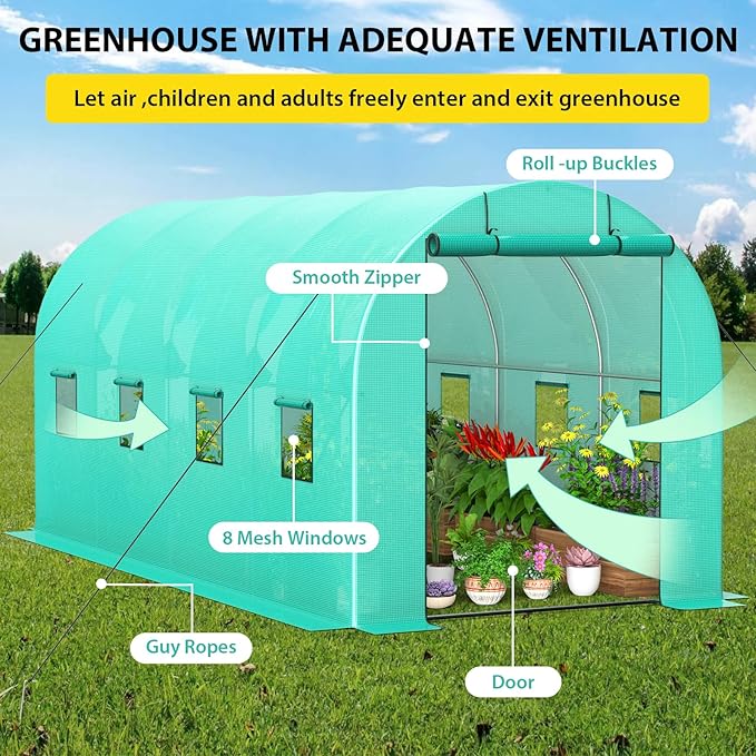 Compact Greenhouse Kit 7'x15'x7' with Galvanized Frame, 140G Green PE Cover, 1 Door & 8 Windows for Outdoor Gardening
