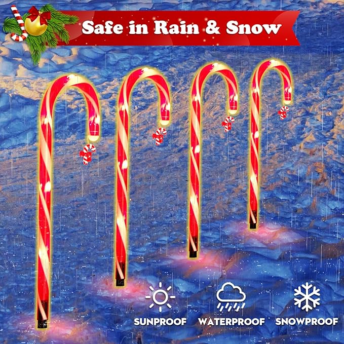 12 Pack Christmas Candy Cane Lights Outdoor Solar Pathway Lights Christmas Decorations Waterproof Driveway Walkway Markers Yard Garden Home Xmas Decor, 2-in-1 Rechargeable Solar Power