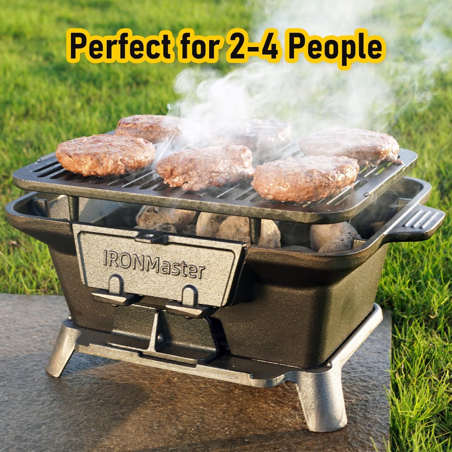 IronMaster Hibachi Grill Outdoor, Small Portable Charcoal Grill, Pre-Seasoned Cast Iron, Japanese Yakitori Camping Grill - 2 Heights, Air Control, Coal Door