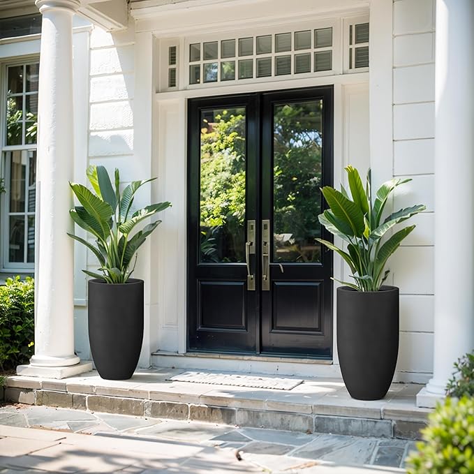 Kante 24 Inch Tall Round Concrete Planter, Large Indoor Outdoor Plant Pots with Drainage Hole and Rubber Plug, Modern Decorative Garden Pots for Home Patio Porch, Black