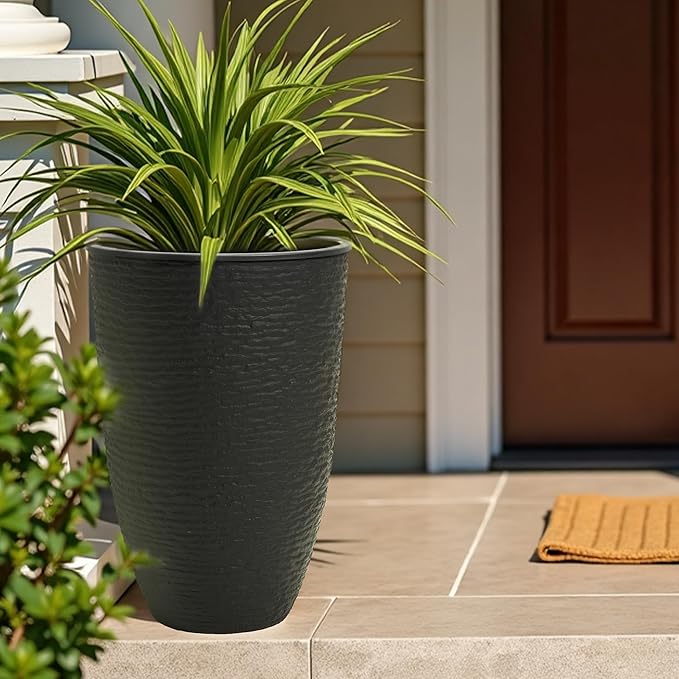 WORTH Garden 2-Pack 21" H. Black Tall Planters with Inside Pots - 14'' Dia Plastic Large Round Plant Tree Pots - Decorative Imitation Stone Finish for Indoor Outdoor Front Porch Container Patio