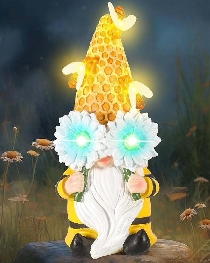 iStatue Garden Gnomes Outdoor Clearance with Solar Bee Lights - 9.5'' Resin Figurine Honeycomb Sunflower Spring Summer Decoration for Home Garden Decor Lawn Ornaments (Mr Bee Gnome)