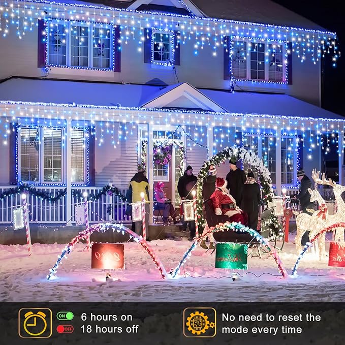 Icicle Lights for Outside, 33FT 400 LED Christmas Lights Outdoor with Waterproof 8 Modes, Plug in Connectable String Twinkle Light for Indoor Home Roof Window Garden Wedding Decorations, Blue White