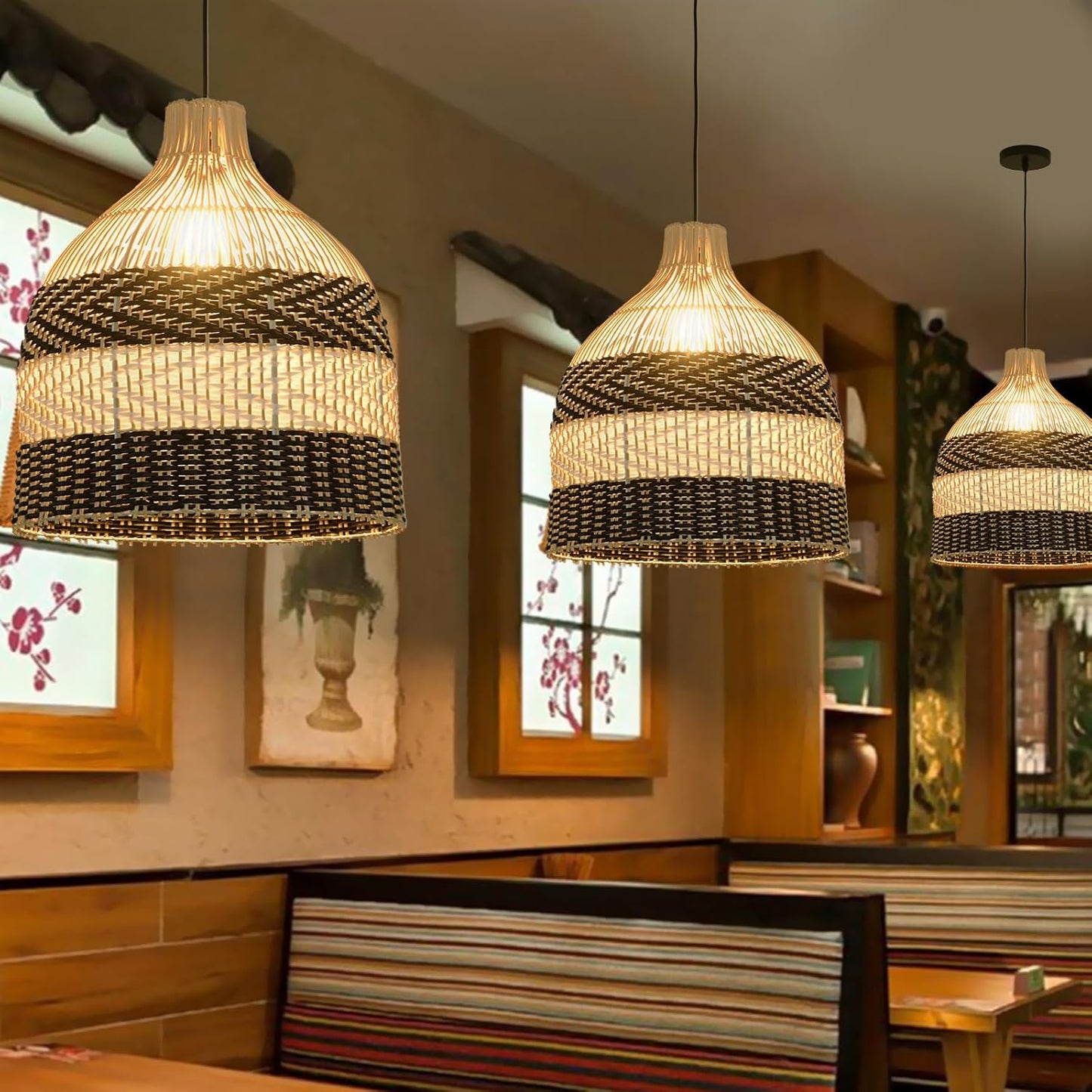 11.8" Rattan Pendant Light 1-Pack Black White Faux Rattan Basket Chandelier Boho Handmade Woven Oval Wicker Hanging Light Fixture for Public Place Dining Living Bedroom Kitchen