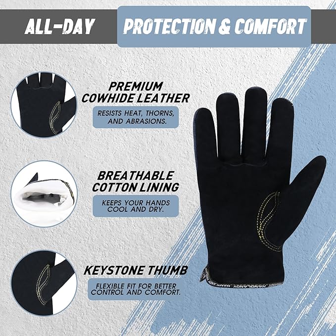 HLDD HANDLANDY Leather Work Gloves for Men & Women, Adjustable Wrist Cowhide Gardening Glove with Reinforced Palm for Driver