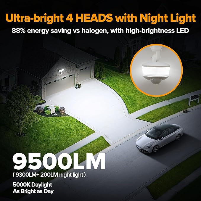 LUTEC 84W 9500LM LED Security Light Motion Sensor Outdoor Lights with Night Light, 4 Head LED Flood Lights Outdoor 5000K Daylight, IP65 Waterproof, Motion Detected Lights for Outside (White)