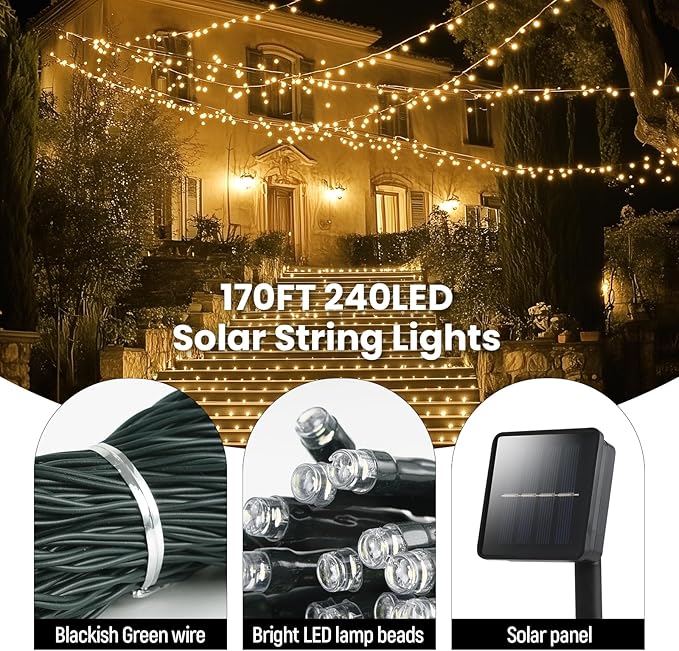 Solar String Lights for Outside, 2 Pack 240 Led Solar Christmas Lights Outdoor Waterproof 82ft Solar Fairy Lights 8 Lighting Mode Solar String Lights Idea for Garden,Courtyards,Trees(Warm White)