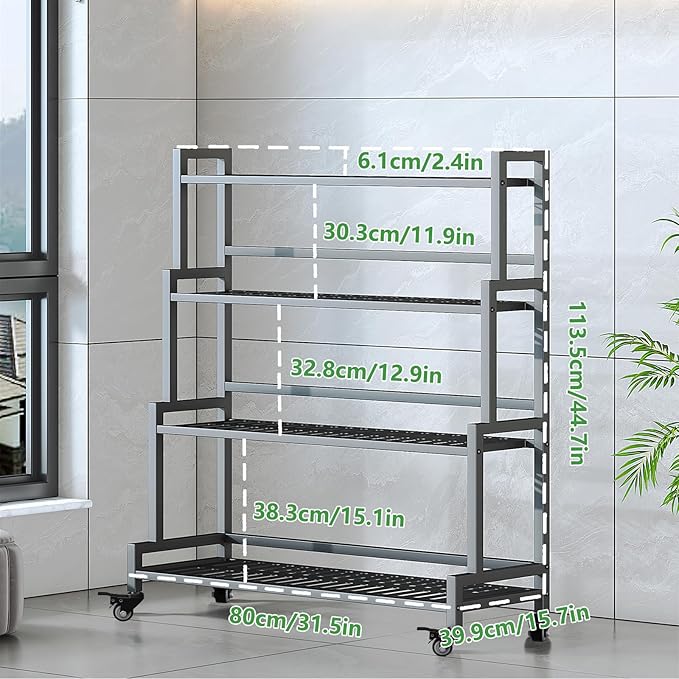 YIZAJIA Plant Stand Indoor 4 Tier Metal Outdoor Tiered Stands Shelf With wheel for Multiple Plants Potted Ladder Plant Holder Table Plant Pot Stand for Window Garden Balcony Living Room (4 Tier-Black)