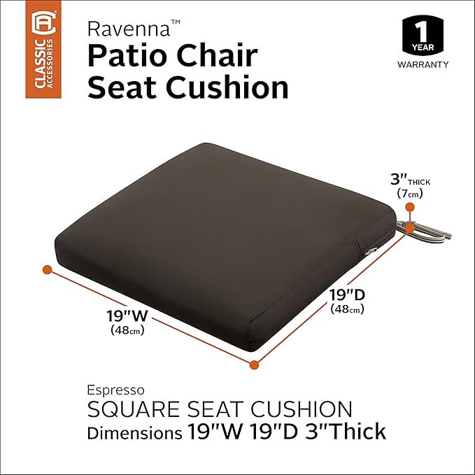 Classic Accessories Ravenna Water-Resistant 19 x 19 x 3 Inch Patio Seat Cushion, Espresso, Chair Seat Cushion