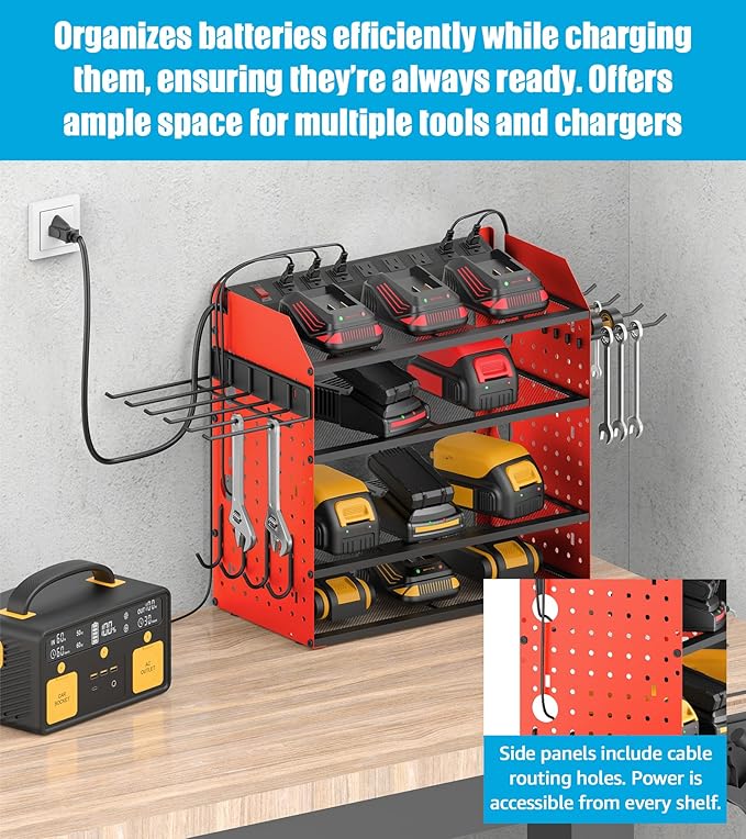 CCCEI Modular Desk Power Tools Organizer with Charging Station, 4 Layer Drills Battery Storage Wall Mount, Garage Shop Organization, Anniversary, Birthday, Gifts for Men, Father, Red, 10FT Cord.