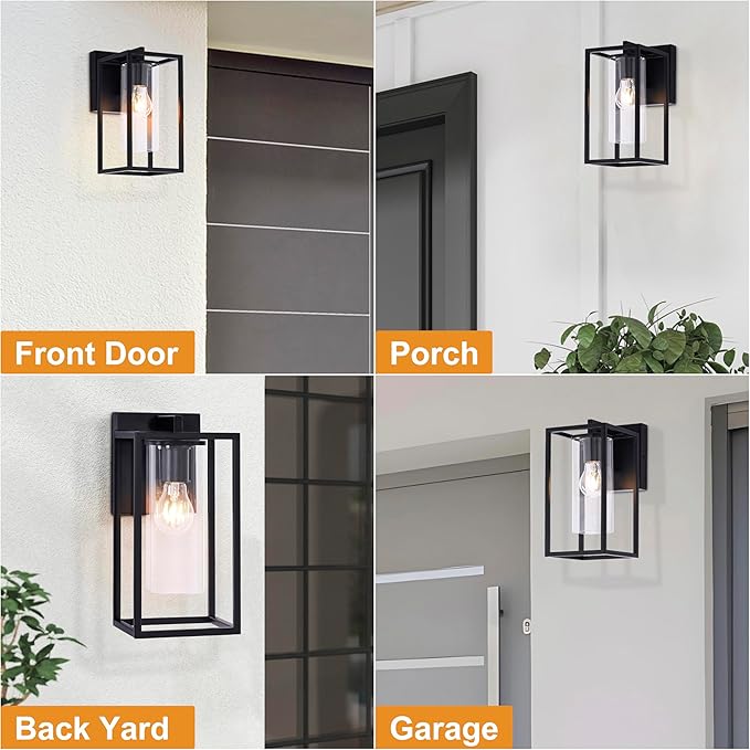 Pia Ricco Outdoor Wall Lights, Black Outdoor Wall Lantern with Square Clear Glass Shade, Waterproof Exterior Lighting Fixtures, Modern Front Porch Lighting for House, Garage, E26 Base, ETL Listed