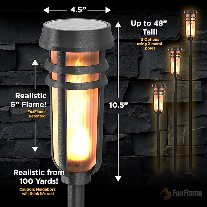 Metal Solar Torch - Adjustable Height (24" - 50"), Outdoor Lights with Flickering Flame, Waterproof Solar Powered Lights, Flame Torches for Patio, Pathway, Yard Decor, Matte Black (1-Pack)