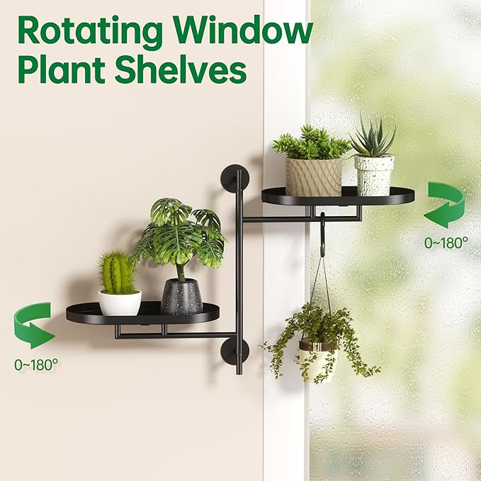 Rotating Window Plant Shelves for Multiple Plants Indoors,2-tier Metal Corner Black Plant Stand Holder Floating Plant Shelf for Wall，Windows Sill Gifts for Plant Lovers to Enhance Home Decor