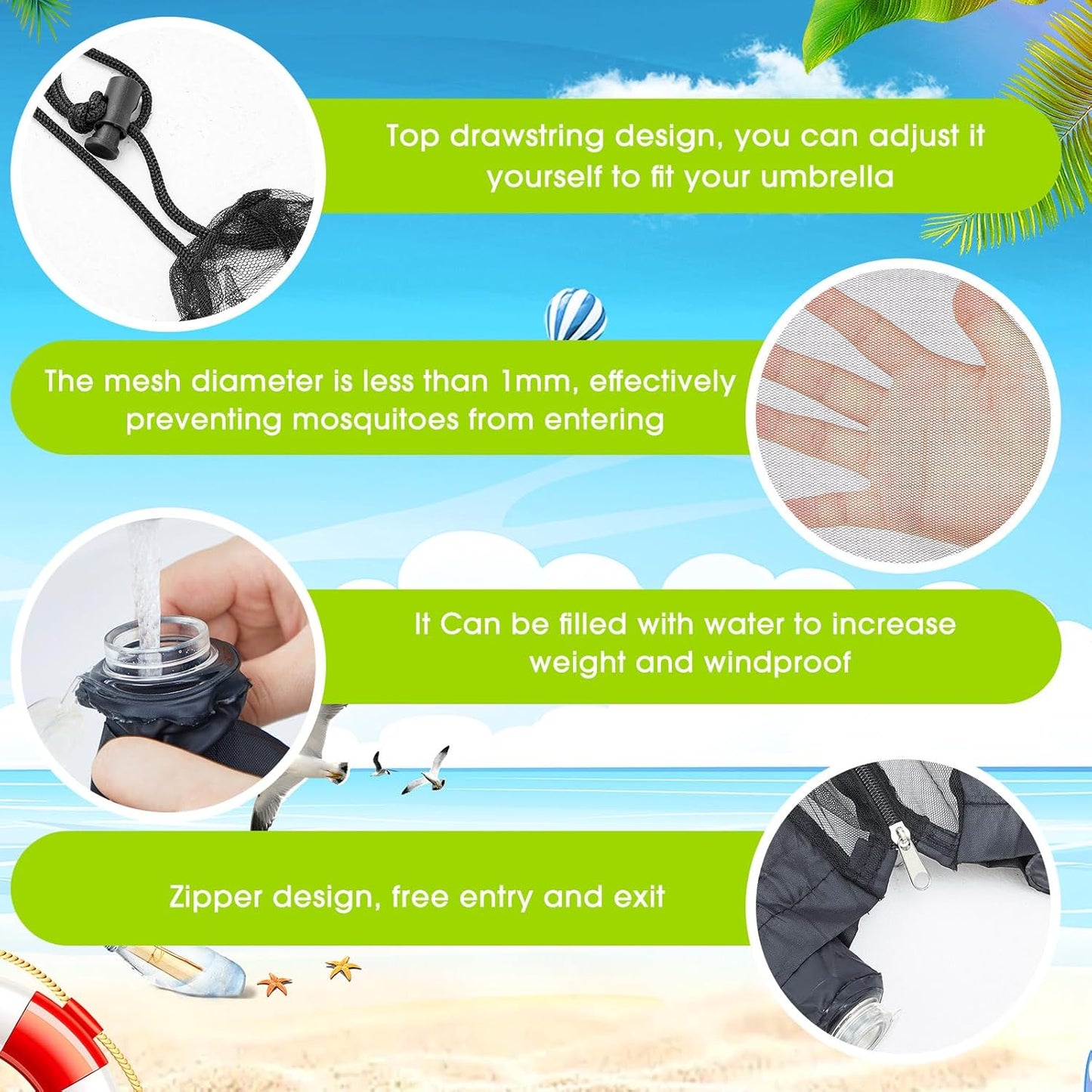 Windyun 2 Pcs 7 to 10 ft Patio Umbrella Mosquito Netting with Double Zipper Door, Screen Universal Hanging Mosquito Net for Patio Polyester Mesh Umbrella Screen for Outdoor and Patio Tables(Black)