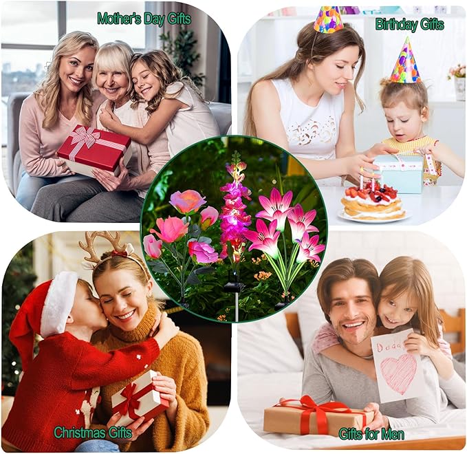 Solar Garden Lights Waterproof, 3 Pack Solar Flowers Lights Includes Lily Rose Delphinium,Gardening Gifts for Mom Grandma Women ,7-Color Changing Outdoor Decor Solar Lights for Garden Yard Patio Lawn