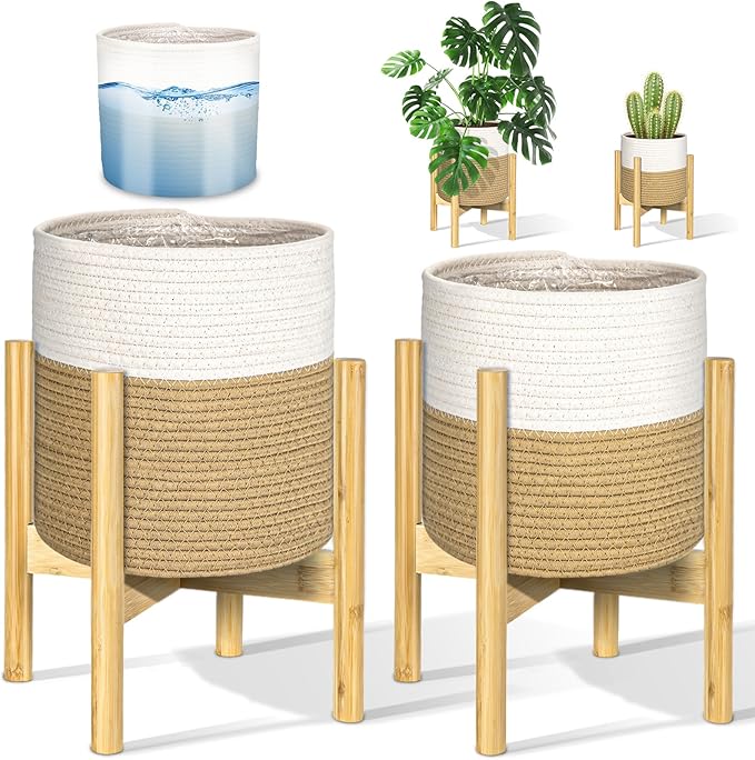 PAULINN Plant Basket with Stand 2 Packs, 11" x 11" & 9" x 9" Woven Plant Basket with Bamboo Stand, for Indoor Plants, Fits 10" x 10" & 8" x 8" Plant Pots