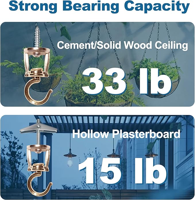 Ceiling Hooks for Hanging Plants (2 PCS Gold),Heavy Duty Metal Plant Hooks, Screw in Hooks for Hanging Birdfeeders, Lamps, Planters, Outdoor Decorative Hooks up to 33 lbs