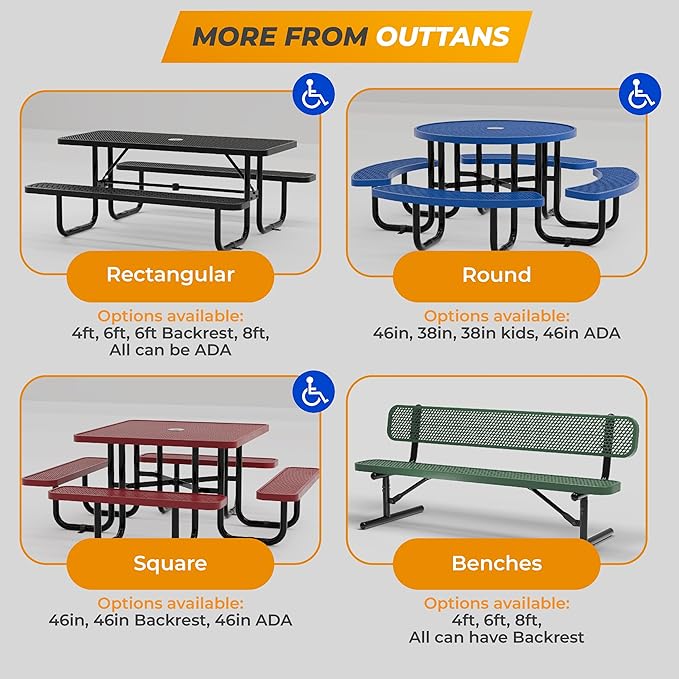 Metal Picnic Tables for Outdoors with Umbrella Hole - Coated Steel Heavy Duty Commercial Grade Table with Adjustable Seats (Brown, 38 in, Round, Expanded Steel)