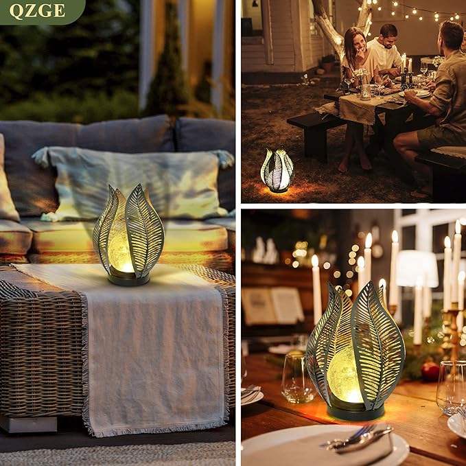 Solar Garden Lights Waterproof Decorations,Crackle Globe Glass,Metal Palm Leaf Solar Lights for Outdoor Decor On Garden,Patio,Yard,Front Porch,Tabletop Lamp-Perfect Gifts