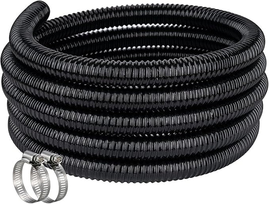 Pond Hose ID 1-1/2” × 25ft Black Corrugated Flexible Reinforced PVC Hose Vinyl Tubing for Pond Pump Fountain Garden Waterfall, Non-toxic & Kinkproof, with 2 clamps, 1.5in 38mm id