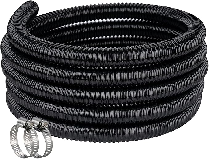 Pond Hose ID 1-1/4” × 10ft Black Corrugated Flexible Reinforced PVC Hose Vinyl Tubing for Pond Pump Fountain Garden Waterfall, Non-toxic & Kinkproof, with 2 clamps