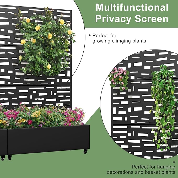 Casaphoria Metal Raised Garden Bed with Trellis and Wheels, 72"x47"x16" Planter Box for Climbing Plants, Vegetables & Vines, Features Drainage Holes and Privacy Screen (Black-Gerald)