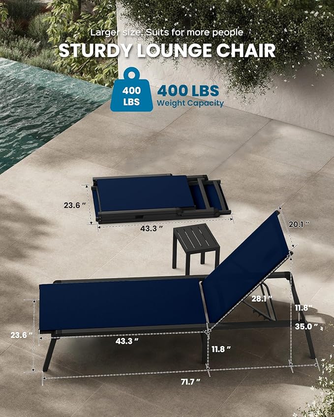 Chaise Lounge Outdoor, Foldable Aluminum Pool Lounge Chairs with 5 Positions Recliner - Free Assembly - Patio Chaise Lounge Chair for Poolside, Beach, Yard (NavyBlue)