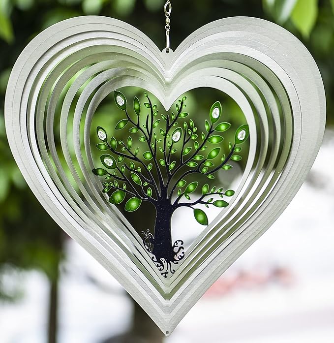 Heart Wind Spinners with Crystals for Yard and Garden, Metal Ornaments for Garden Décor, Outdoor Wind Spinner, Heart Décor Gifts, Outdoor Garden Decoration, 12 inch Heart Wall Décor by ISEO