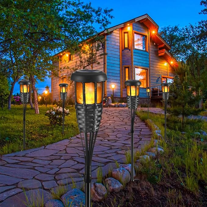 Solar Torch Light with Flickering Flame, 4 Pack Waterproof Bamboo Torches Hand-Woven Rattan Solar Tiki Torches for Outside Patio Yard Garden Lawn (Black-4 Pack)