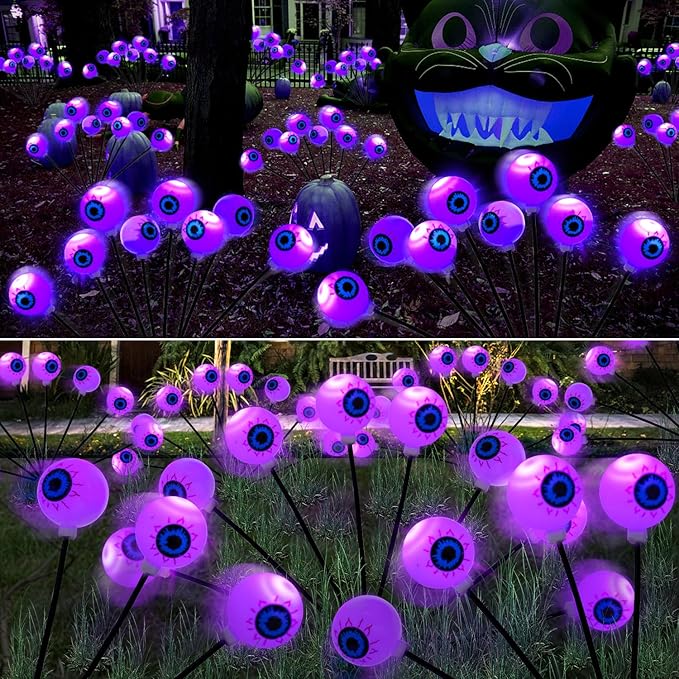 Halloween Decorations Outdoor Lights - 4 Pack 32LED Solar Halloween Scary Eyeball Pathway Lights Swaying by Wind, Waterproof Solar Halloween Stake Lights for Garden Porch Lawn Pathway (Purple)