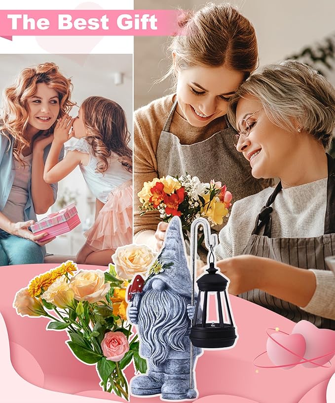 Solar Gnome Statue for Outdoor Decor: Outside Garden Sculpture for Yard Lawn Balcony Patio Porch- Birthday Gifts for Mom Women Grandma