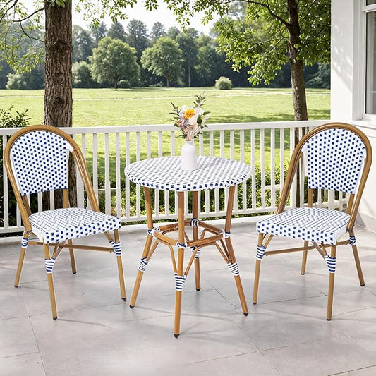 3 Piece French Wicker Bistro Set, Patio Bistro Set with Table and 2 Dining Chairs, All Weather ‎Outdoor ‎Bistro Set with Aluminum Frame, Outdoor Patio Set for Patio Porch Cafes Yard, Navy and White