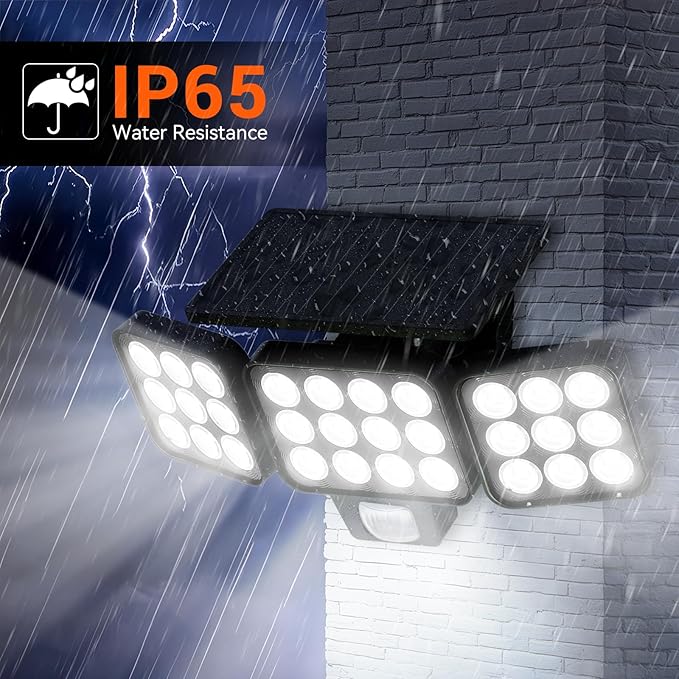 WdtPro 2025 Solar Lights Outdoor Flood Light, 3500LM Bright Motion Sensor Outdoor Lights, 3 Heads & Upgrade Glass Panel, LED Solar Powered Security Light Spotlights Waterproof for Outside Yard-2Pack